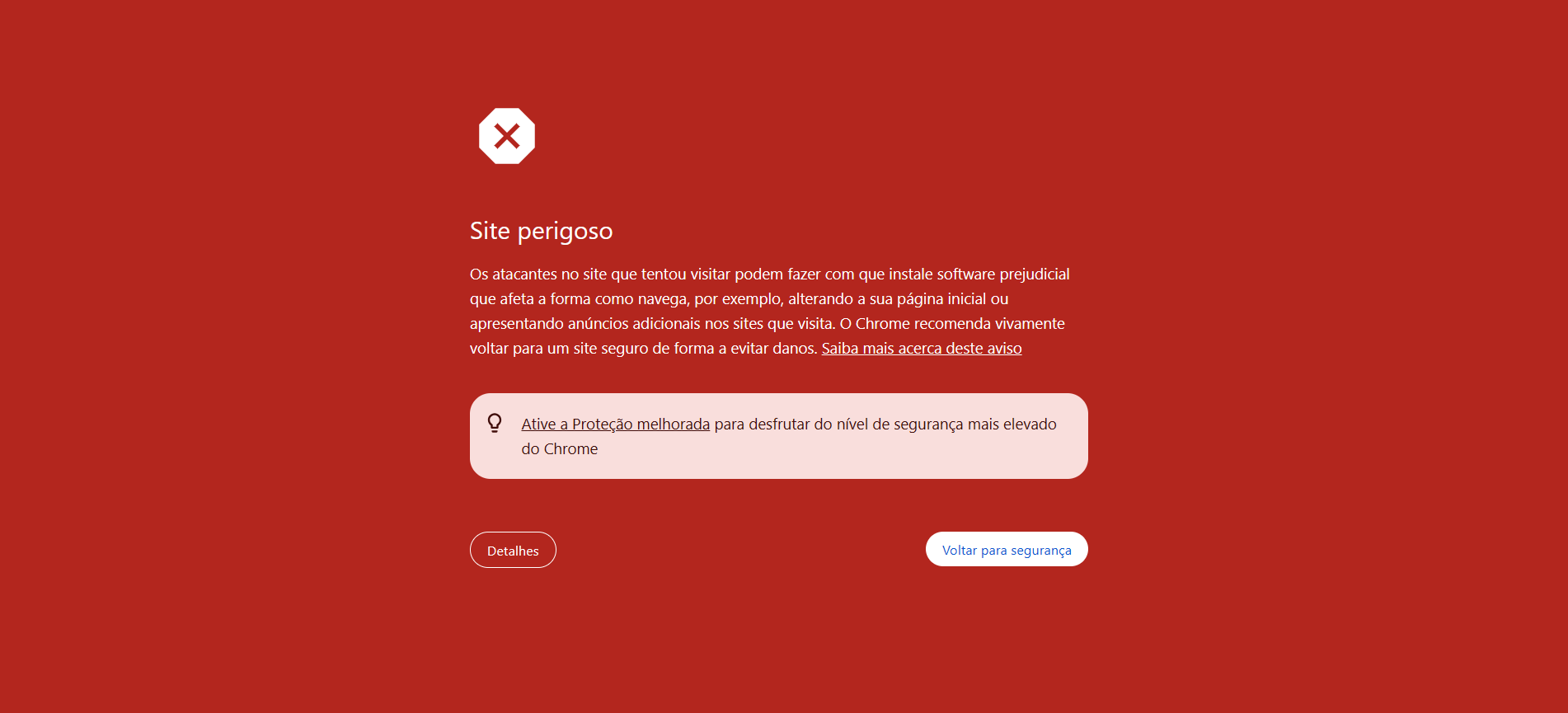 Chrome exibe tela vermelha de 'Site perigoso' ao abrir o link da bio da Nick Modas